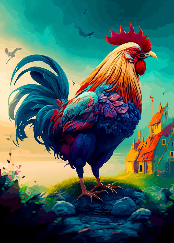 Vibrant Rooster in a Whimsical Landscape