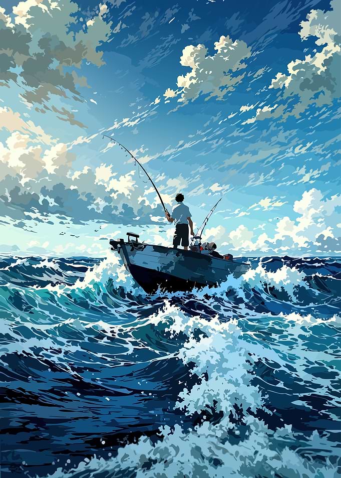 Lone Fisherman on Rough Sea