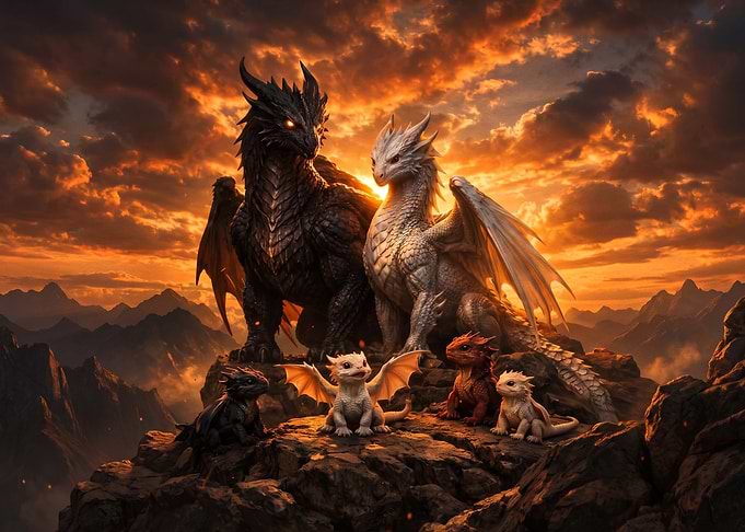 Dragon Family at Sunset