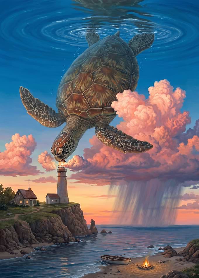 Giant Sea Turtle Above Lighthouse