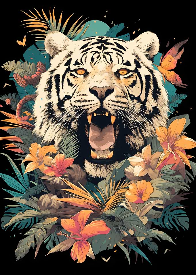 Roaring White Tiger in Tropical Flowers