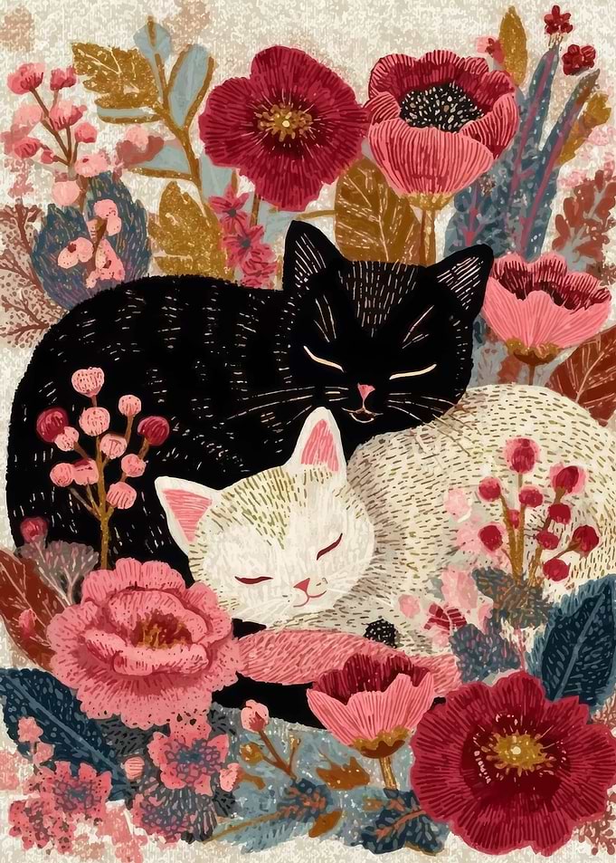 Two Cats Sleeping Among Flowers