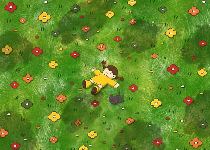 Girl and Cat in Flower Field