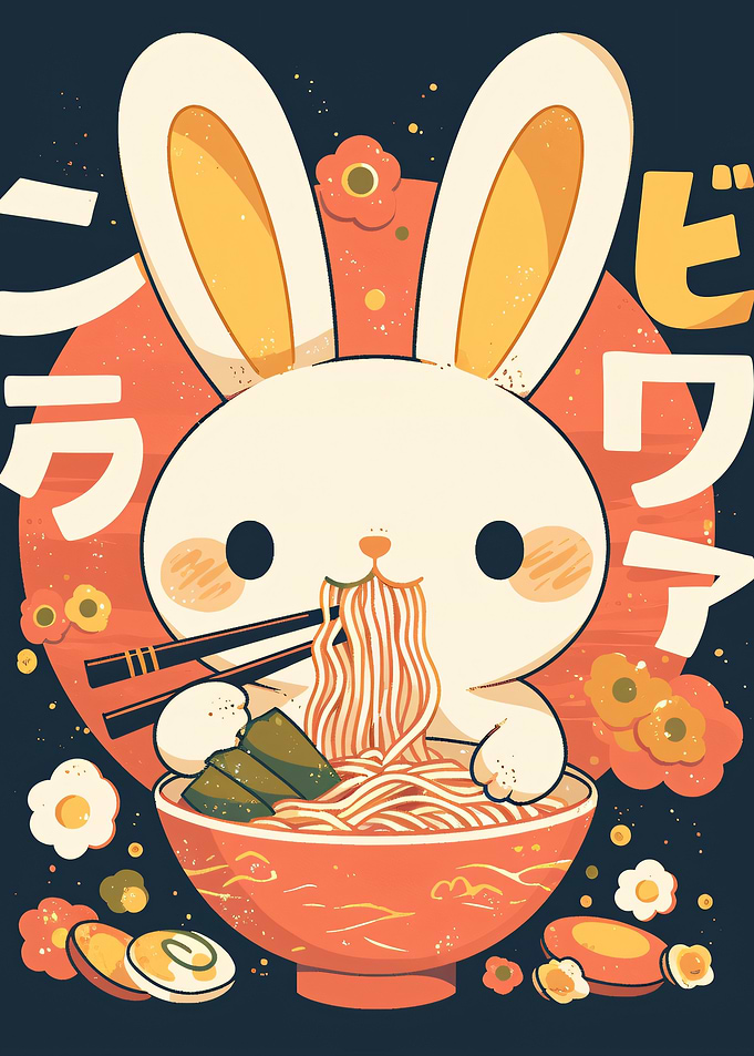 Cute Bunny Eating Ramen Illustration