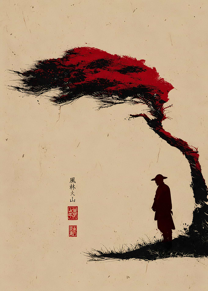 Samurai Under Red Tree Ink Wash