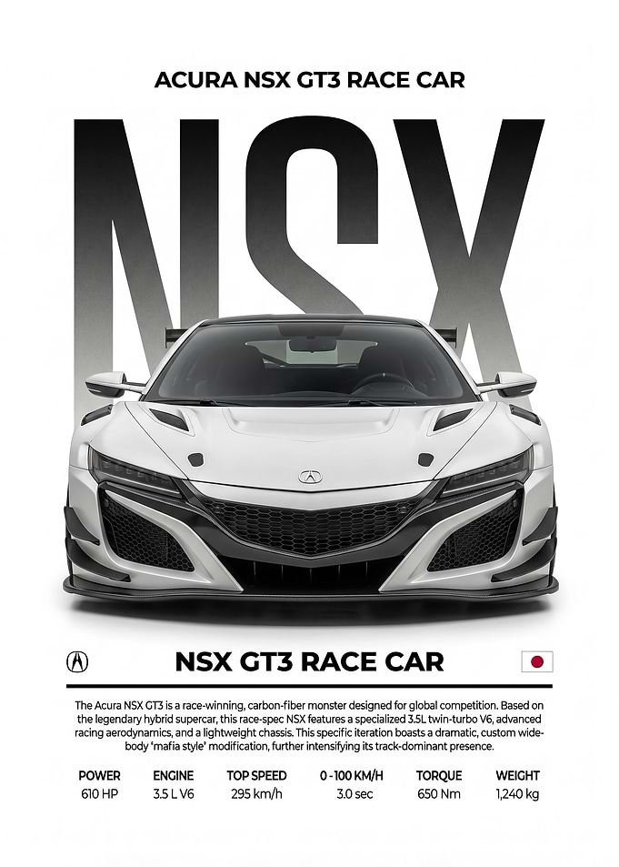 sleek acura NSX GT3 Race Car Poster