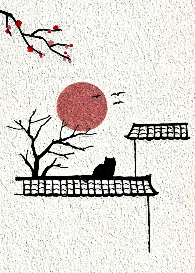 Minimalist Cat on Japanese Roof