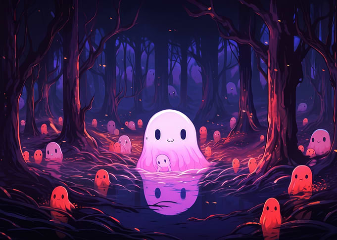 Cute Glowing Ghosts in Dark Forest