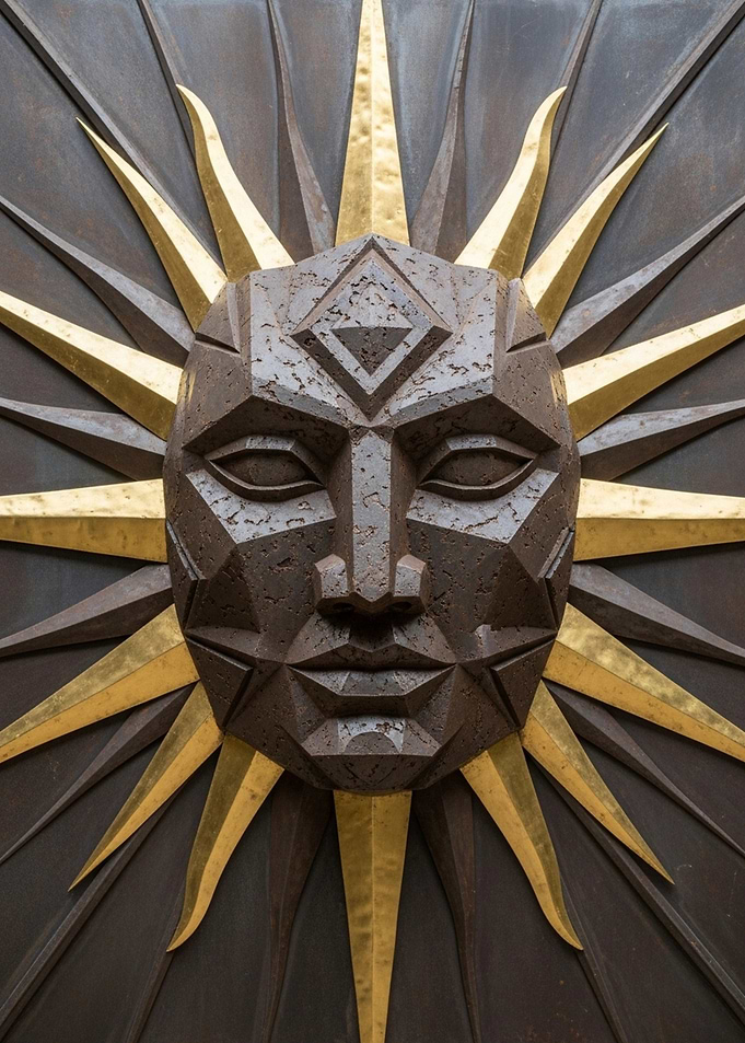 Geometric Sun Face Metal Sculpture