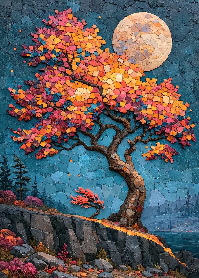 Mosaic Style Autumn Tree Landscape