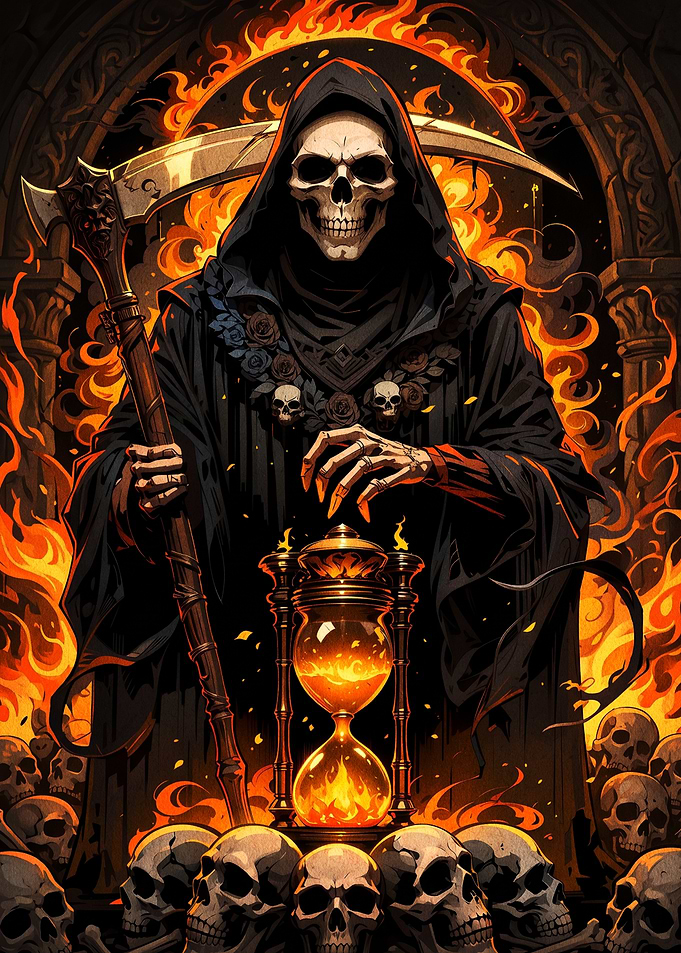 Grim Reaper with Hourglass and Skulls