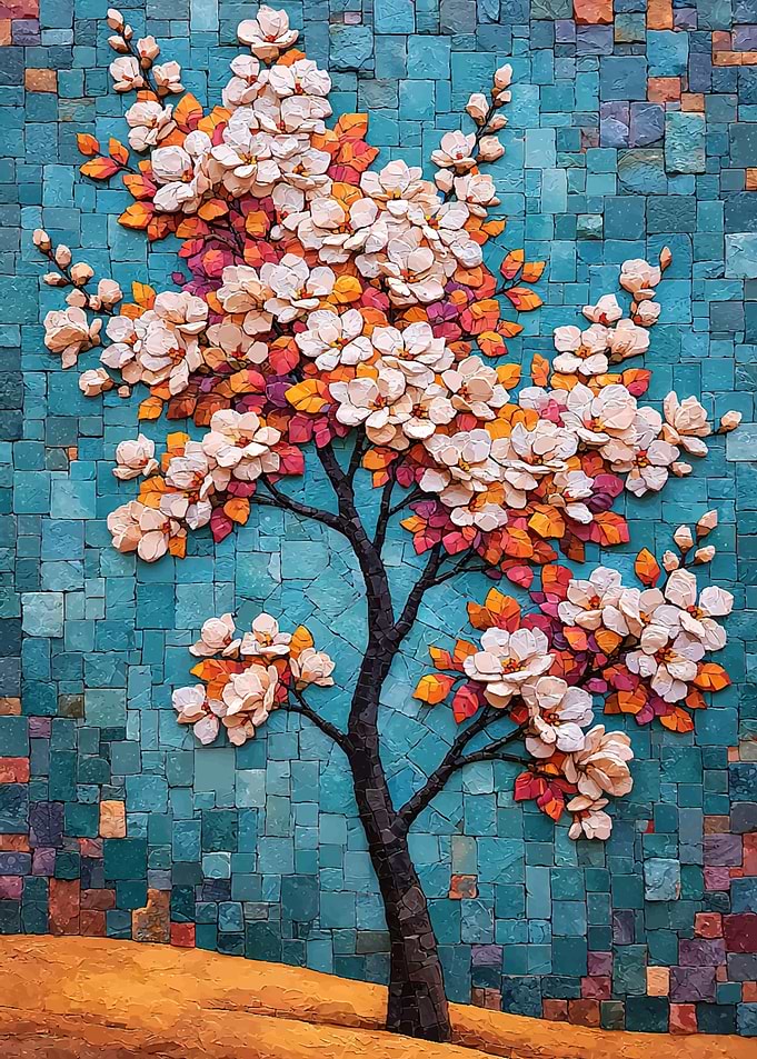 Mosaic Style Flowering Tree Art