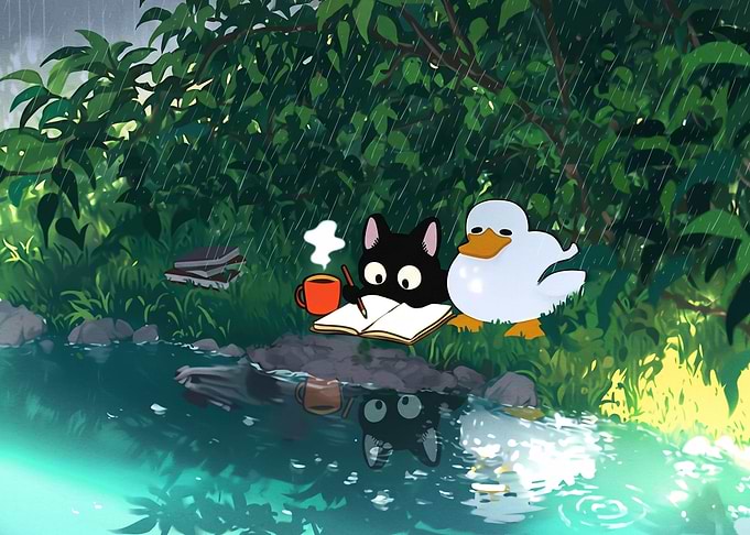 Cat and Duck Studying in Rain