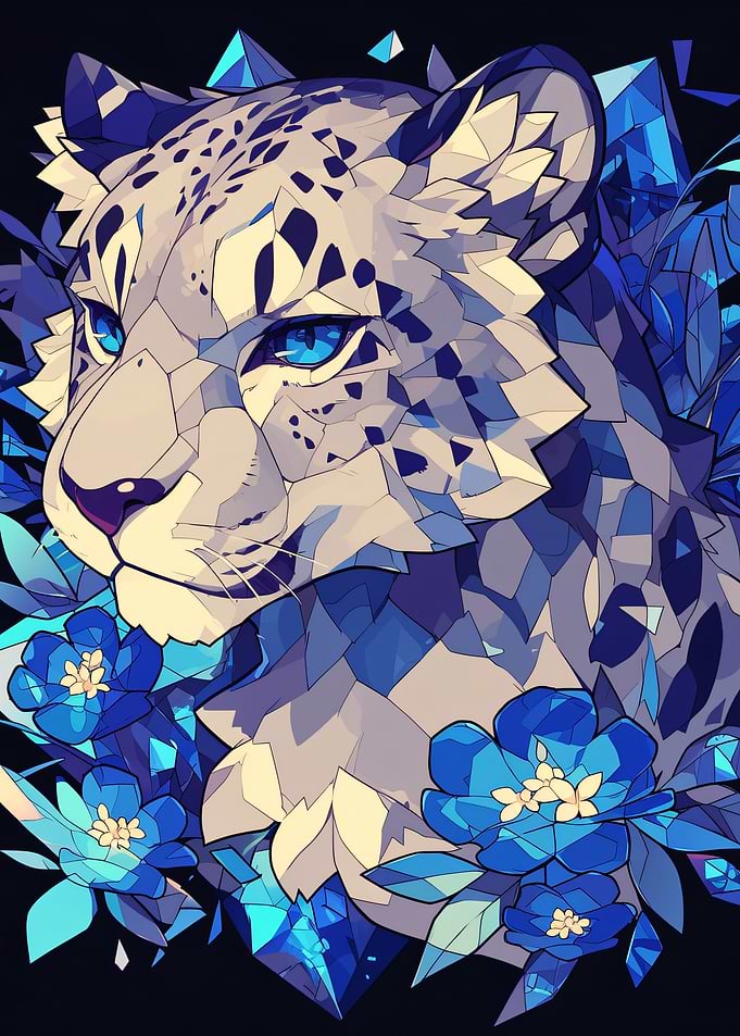 Stained Glass Snow Leopard Portrait