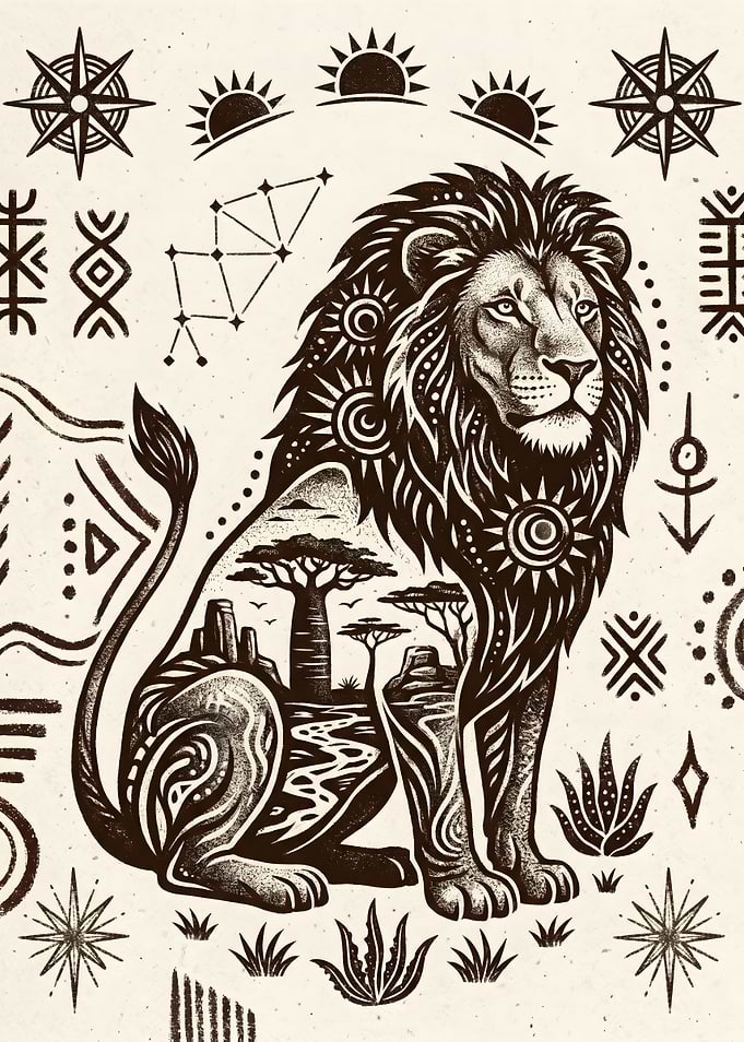 Tribal Lion Silhouette with African Landscape