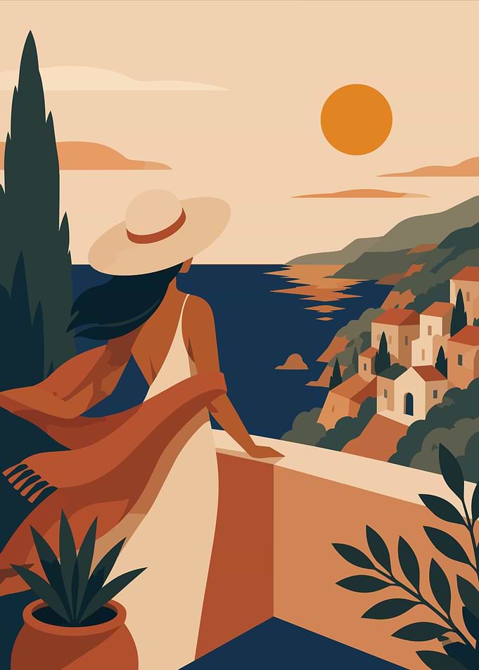 Woman overlooking Mediterranean coastal village Minimalist Art