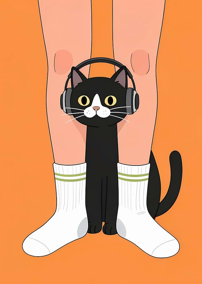 Black Cat DJ Wearing Headphones