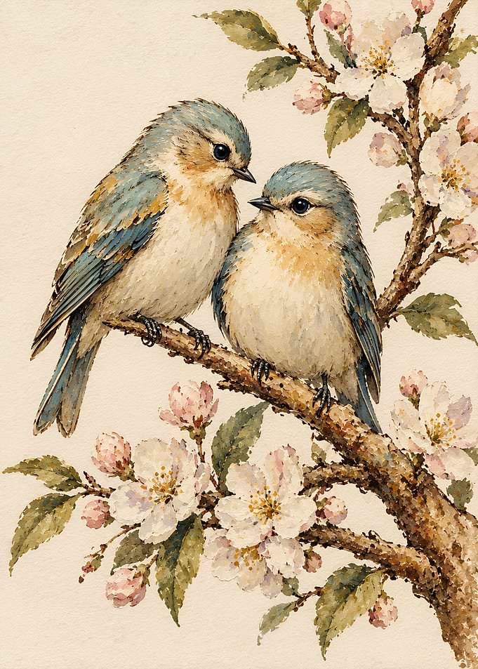 Two Bluebirds Perched on Blossoming Branch