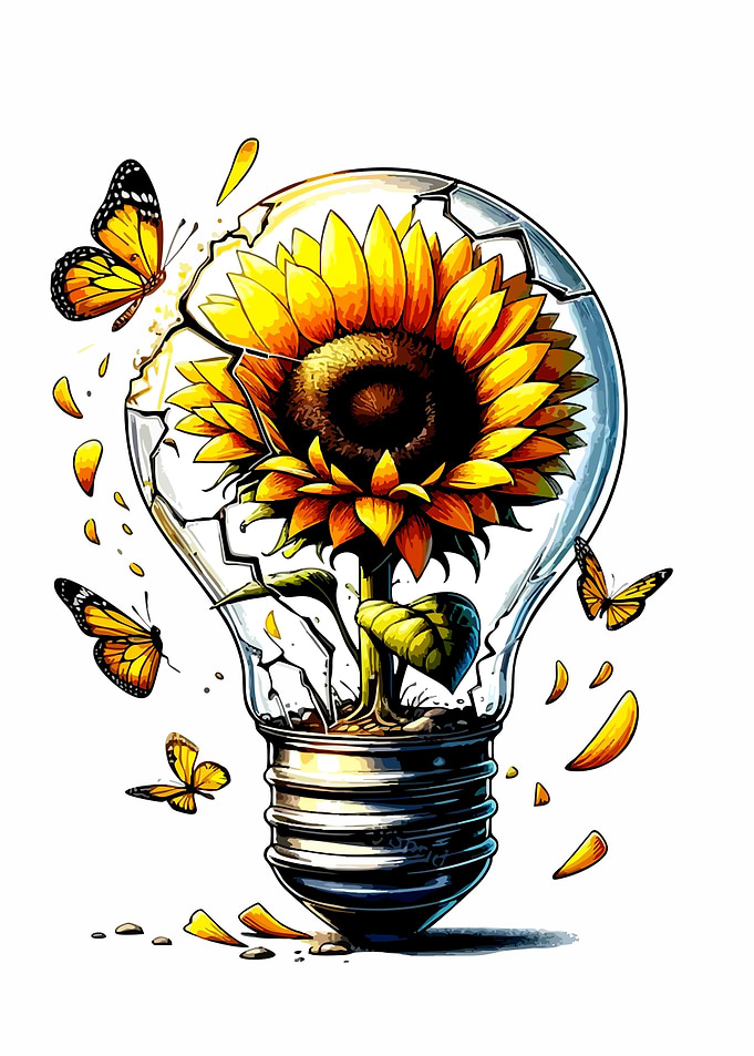 Sunflower Growing Inside Broken Lightbulb