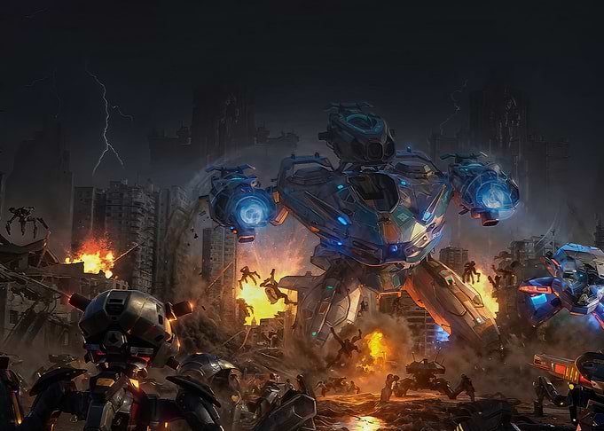 Giant Mech Battle in Ruined City