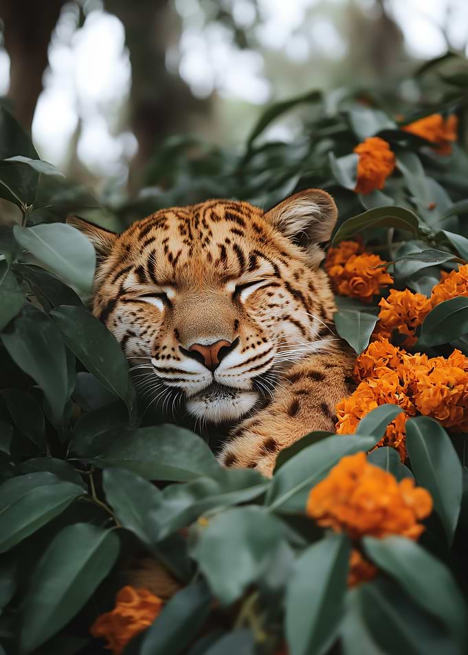 Sleeping Leopard Among Orange Flowers
