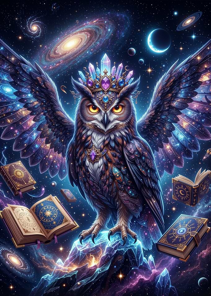 Cosmic Owl with Magical Books