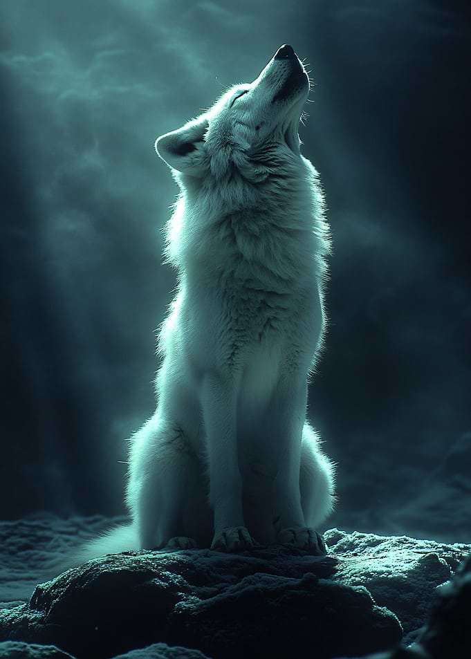 Majestic White Wolf Howling at Night