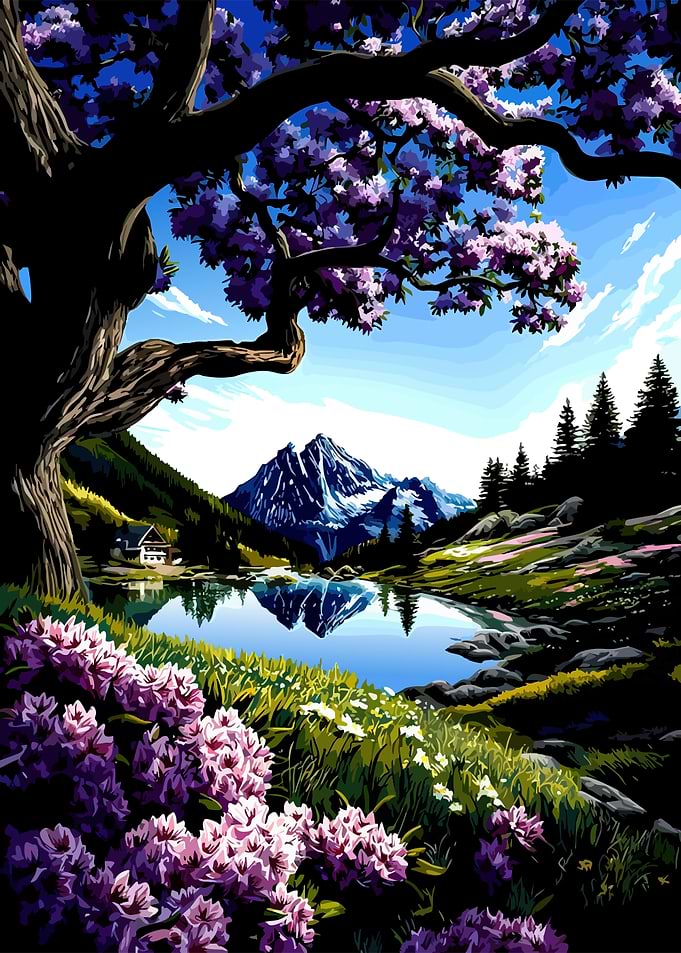 Mountain Lake Landscape with Flowers