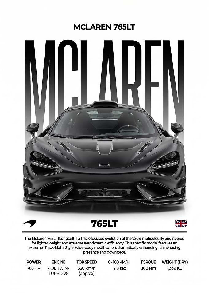 sleek black front view McLaren 765LT car Poster