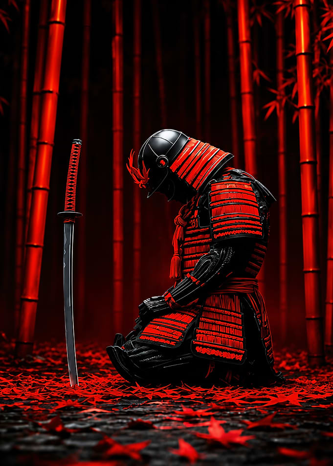 Kneeling Samurai in Red Bamboo Forest