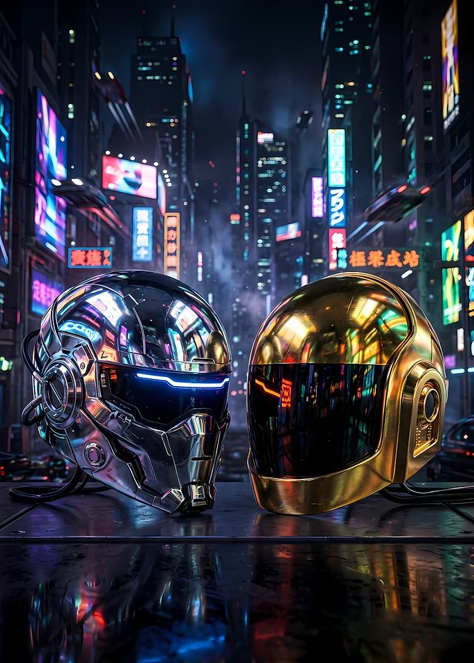 Futuristic Helmets in Cityscape