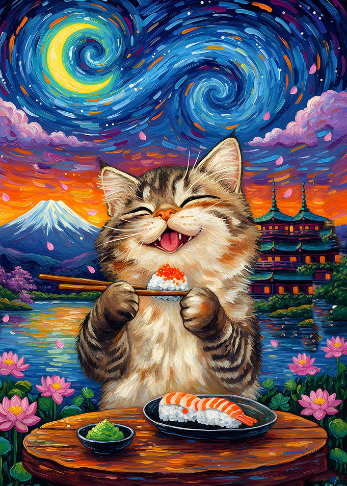 Happy Cat Eating Sushi by Mount Fuji