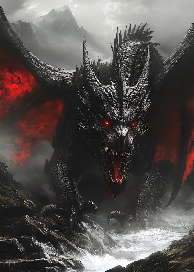 Fierce Black Dragon in Mountain Landscape