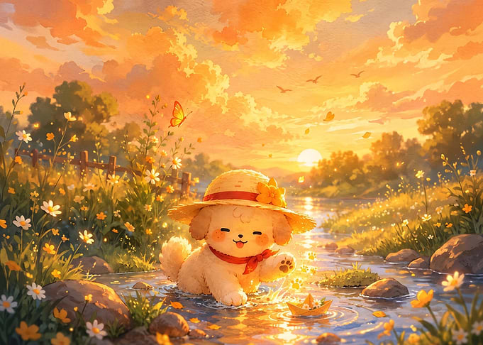Cute Puppy Playing in Stream