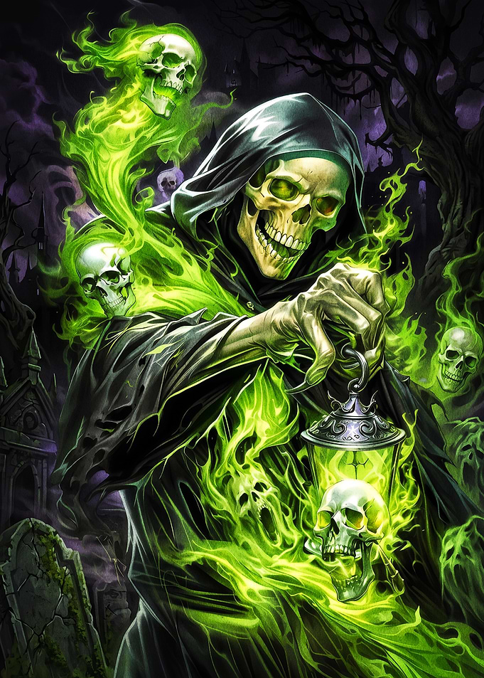 Grim Reaper with Green Ghost Skulls