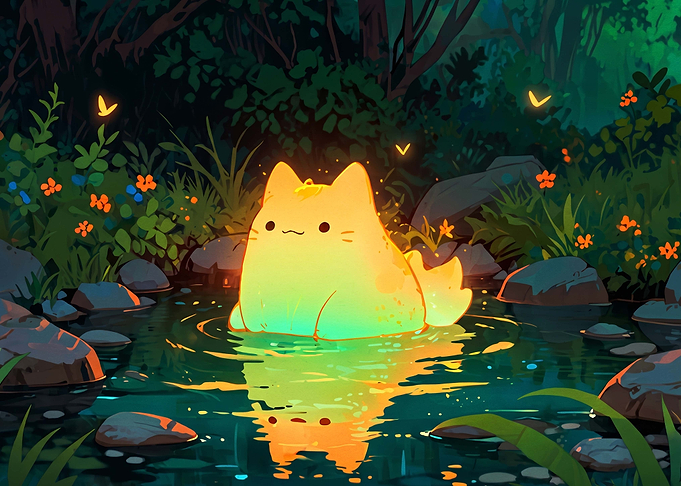 Glowing Magical Cat in Forest Stream