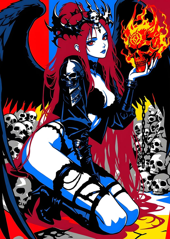 Gothic Anime Angel with Flaming Skull