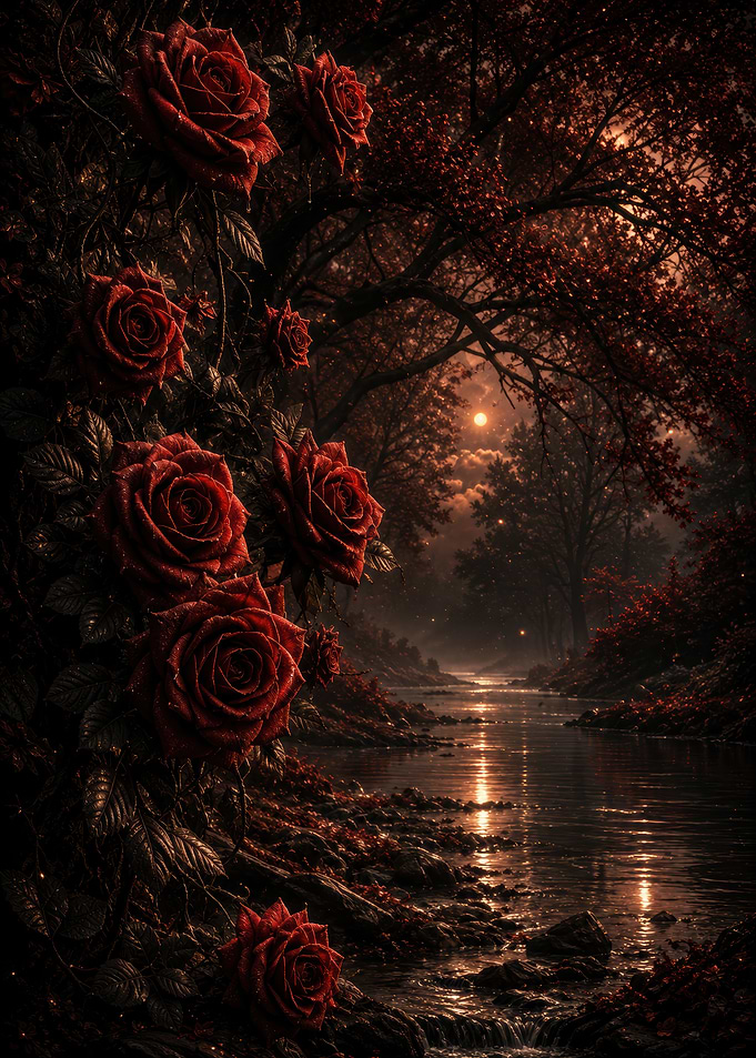 Dark Romantic Roses by Moonlight
