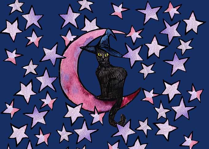 Black Cat Witch on Crescent Moon