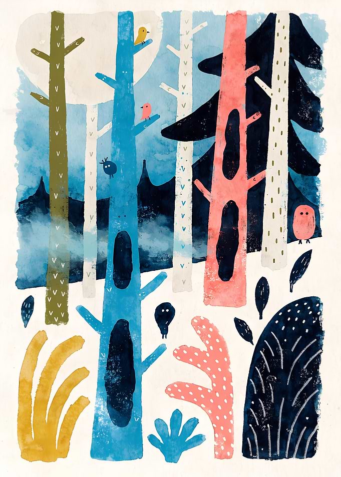 Whimsical Forest Scene with Birds