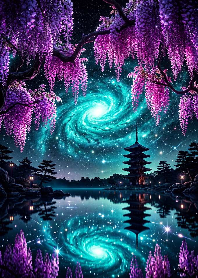 Pagoda Under a Cosmic Wisteria Sky