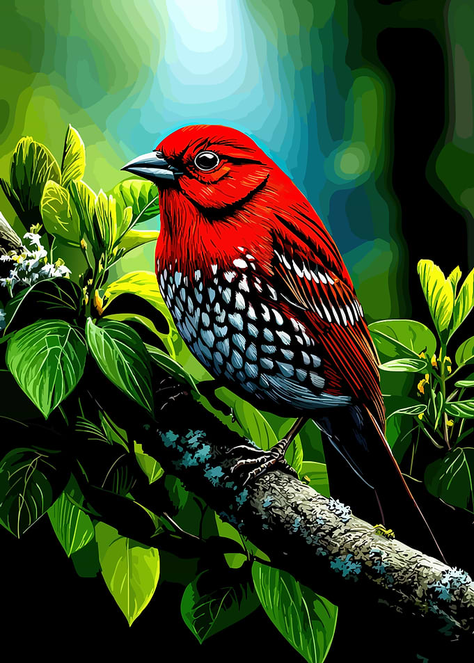Vibrant Red Spotted Bird on Branch