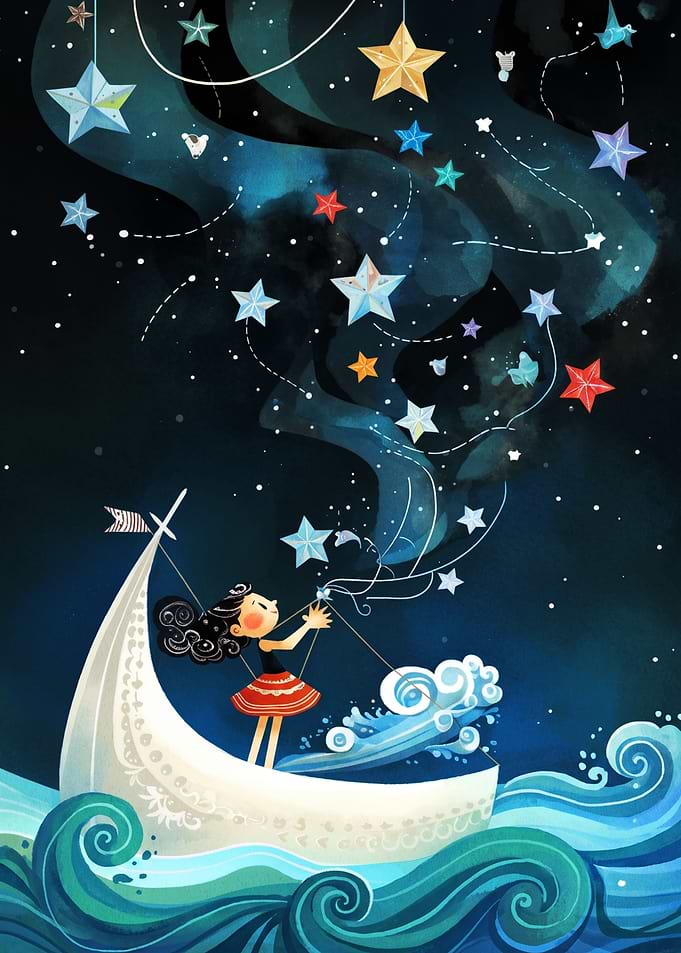 Girl Sailing Through Starry Night