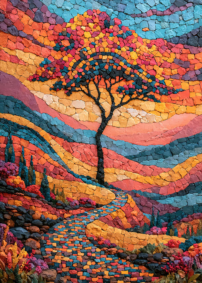 Vibrant Mosaic Landscape with Lone Tree
