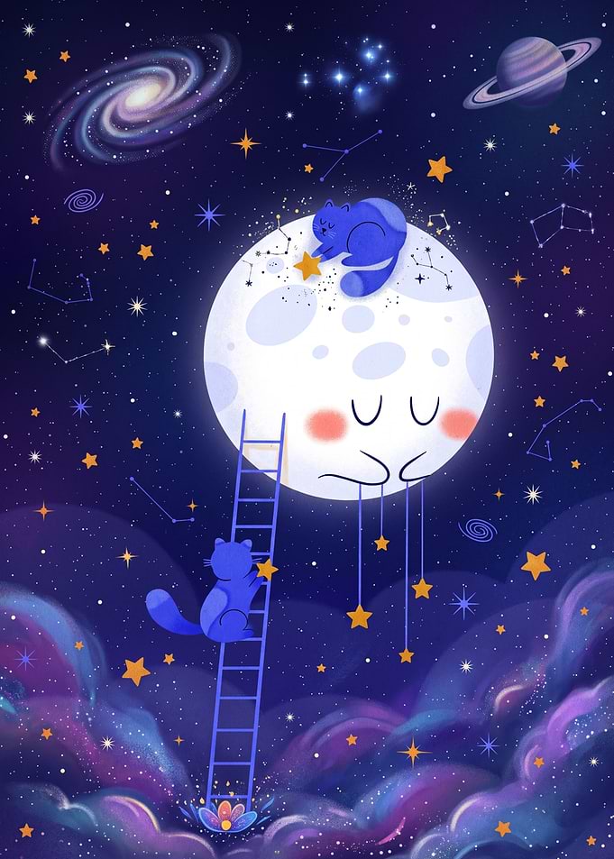 Cats Hanging Stars on the Moon