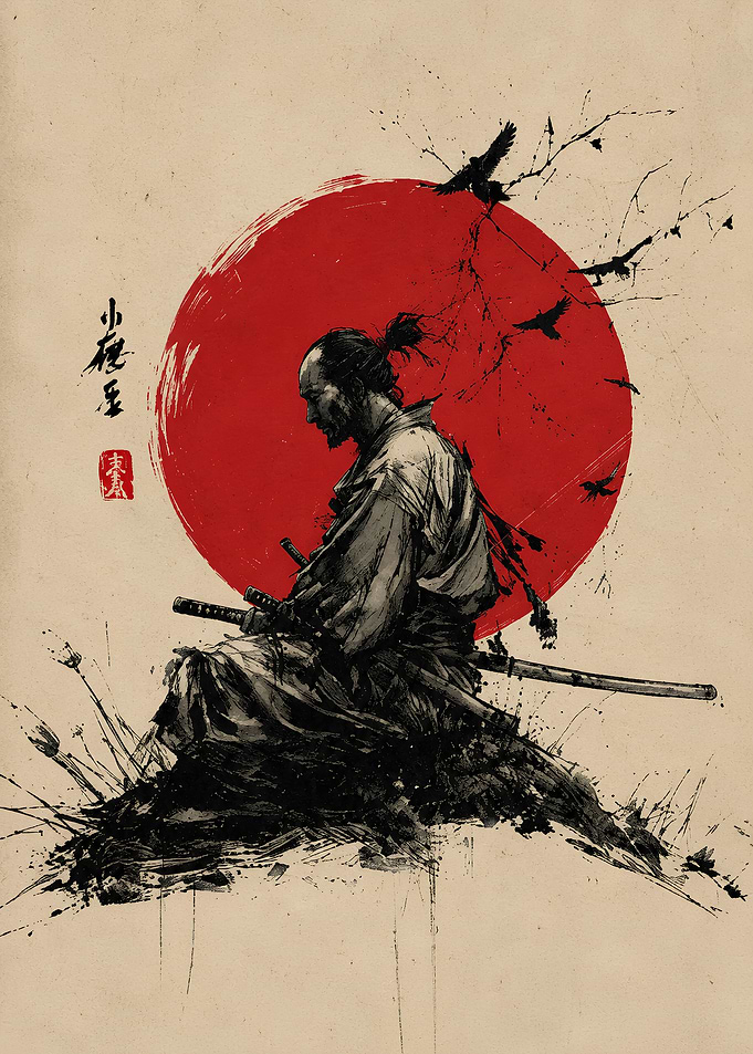 Samurai Sitting Before Red Sun