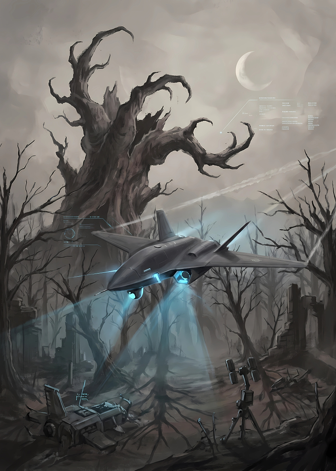 Futuristic Drone Scouting a Desolate Forest