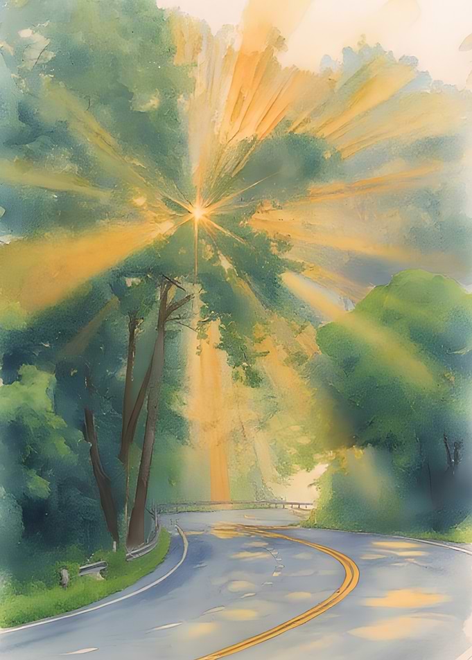 Sunlight Streaming Through Forest Road