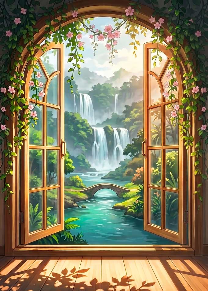 Open Window View of Waterfall Landscape