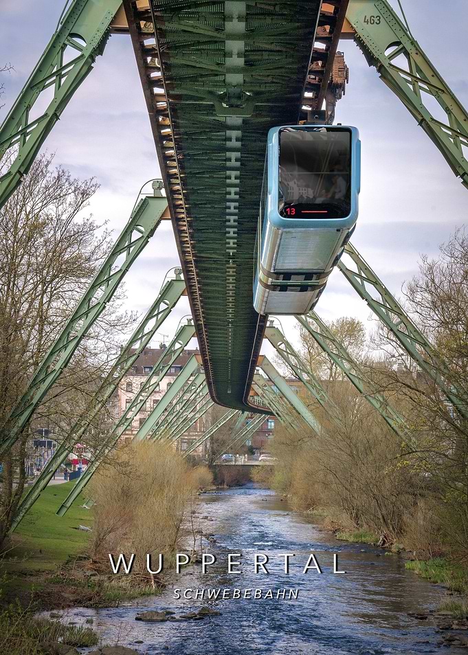 Wuppertaler Schwebebahn over the „Wupper“ river in Germany